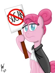 Size: 1620x2160 | Tagged: safe, artist:jesslmc16, derpibooru import, idw, pinkie pie, earth pony, pony, anti-sugar pinkie pie, cape, clothes, comic, digital art, female, g4, holding, holding sign, image, mare, png, sad, sign, signature, simple background, sitting, solo, straight hair, white background