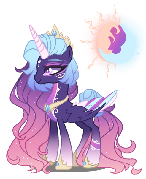 Size: 1300x1586 | Tagged: safe, artist:gihhbloonde, derpibooru import, oc, unofficial characters only, alicorn, pony, alicorn oc, anklet, body markings, closed mouth, colored horn, colored pupils, colored wings, colored wingtips, crown, eyeshadow, facial markings, female, folded wings, fusion, fusion:princess celestia, fusion:princess luna, gradient legs, gradient mane, gradient tail, hoof shoes, horn, image, jewelry, lidded eyes, makeup, mare, multicolored wings, pale belly, peytral, png, purple eyes, regalia, side view, smiling, sparkly mane, sparkly tail, standing, tail, tail bun, tiara, wings