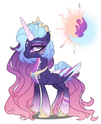 Size: 1300x1586 | Tagged: safe, artist:gihhbloonde, derpibooru import, oc, unofficial characters only, alicorn, pony, alicorn oc, anklet, body markings, closed mouth, colored horn, colored pupils, colored wings, colored wingtips, crown, eyeshadow, facial markings, female, folded wings, fusion, fusion:princess celestia, fusion:princess luna, gradient legs, gradient mane, gradient tail, hoof shoes, horn, image, jewelry, lidded eyes, makeup, mare, multicolored wings, pale belly, peytral, png, purple eyes, regalia, side view, smiling, sparkly mane, sparkly tail, standing, tail, tail bun, tiara, wings
