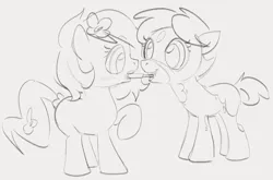 Size: 1302x858 | Tagged: safe, artist:dotkwa, derpibooru import, oc, oc:deary dots, oc:kayla, unofficial characters only, earth pony, pony, duo, female, filly, flower, flower in hair, foal, food, gray background, grayscale, grin, image, monochrome, mouth hold, png, popsicle, simple background, sketch, smiling