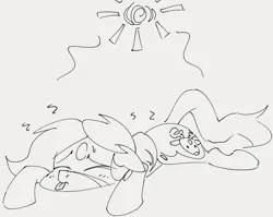 Size: 918x732 | Tagged: safe, artist:dotkwa, derpibooru import, oc, oc:deary dots, earth pony, pony, eyes closed, female, gray background, grayscale, hot, image, lying down, mare, monochrome, png, prone, simple background, sketch, solo, sploot, sun, sweat, sweatdrop, tongue out