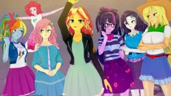 Size: 3840x2160 | Tagged: safe, artist:stellarwools, derpibooru import, applejack, fluttershy, pinkie pie, rainbow dash, rarity, sci-twi, sunset shimmer, twilight sparkle, human, equestria girls, 3d, cute, group photo, humane five, humane seven, humane six, image, koikatsu, png