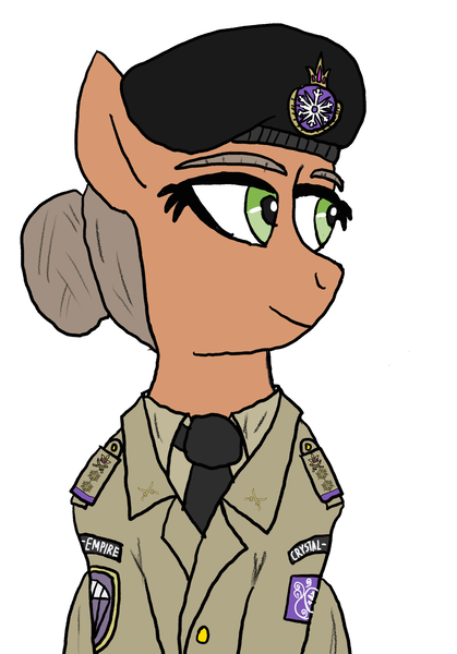 Size: 1668x2388 | Tagged: safe, artist:dafid25, derpibooru import, earth pony, pony, equestria at war mod, beret, clothes, crystal empire, hair bun, hat, image, military uniform, officer, png, shoulder boards, soldier, solo, uniform