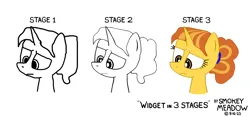 Size: 2052x960 | Tagged: safe, artist:smokey-meadow, ponerpics import, ponybooru import, oc, oc:widget hammersmith, unofficial characters only, pony, unicorn, female, frown, hazel eyes, image, mare, png, ponytail, progression, rough sketch, simple background, sketch, solo, white background