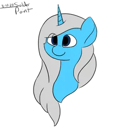 Size: 1000x1000 | Tagged: safe, artist:solder point, derpibooru import, oc, unofficial characters only, pony, unicorn, blue eyes, bust, cheek fluff, colored, cute, digital art, eye clipping through hair, flat colors, image, png, signature, smiling, solo