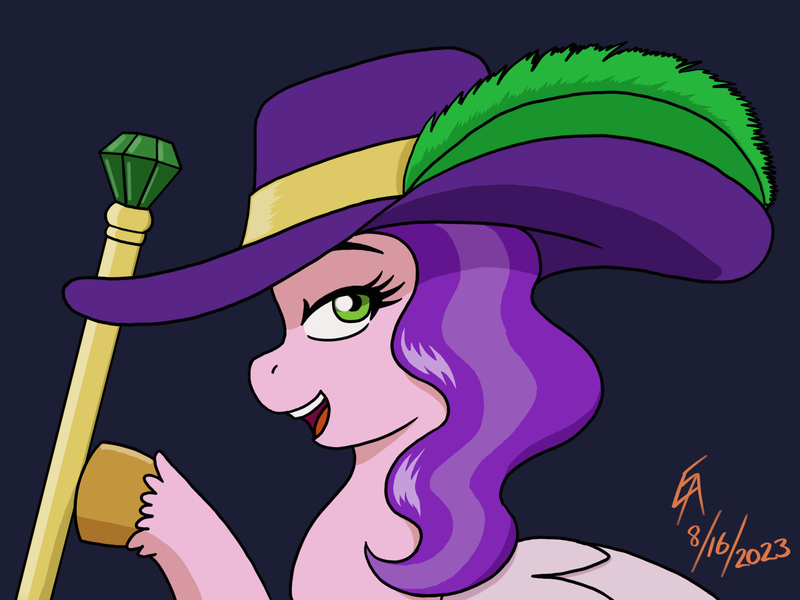 Size: 2224x1668 | Tagged: safe, artist:mayorlight, derpibooru import, pipp petals, pegasus, pony, g5, digital art, feather, hat, image, magnetic hooves, open mouth, pimp, pimp cane, pimp hat, png, simple background, solo