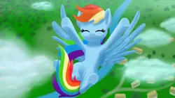 Size: 3840x2160 | Tagged: safe, artist:stellardust, derpibooru import, rainbow dash, pegasus, pony, 4k, cloud, eyes closed, falling, female, freefall, high res, image, mare, png, ponyville, smiling, solo, spread wings, wings