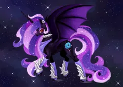 Size: 1514x1080 | Tagged: safe, artist:celestialess, artist:sldains, derpibooru import, oc, oc:princess celestialess, ponified, unofficial characters only, alicorn, bat pony, bat pony alicorn, black hole pony, pony, alicorn oc, bandana, bat wings, black hole, choker, collaboration, collar, concave belly, ethereal mane, female, horn, image, jpeg, long horn, long mane, long tail, mare, old art, raised hoof, raised leg, red eyes, side view, slim, solo, space, spiked choker, spiked collar, spread wings, standing, starry mane, starry tail, stars, tail, thin, wings