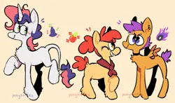Size: 1280x752 | Tagged: safe, artist:ponydoodles, apple bloom, scootaloo, sweetie belle, earth pony, pegasus, pony, unicorn, alternate cutie mark, alternate hairstyle, beige background, cutie mark crusaders, ear piercing, female, image, leonine tail, mare, neckerchief, older, older apple bloom, older cmc, older scootaloo, older sweetie belle, one eye closed, piercing, png, small wings, smiling, trio, trio female, wings, wink