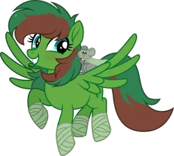 Size: 5000x4495 | Tagged: safe, artist:n0kkun, derpibooru import, oc, oc:windy barebow evergreen, mouse, pegasus, cape, clothes, cute, flying, hoof wraps, image, pegasus oc, pet, png, simple background, smiling, solo, transparent background, wings