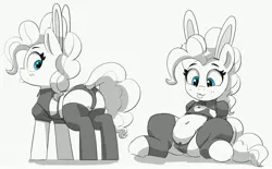 Size: 3760x2325 | Tagged: suggestive, artist:pabbley, derpibooru import, pinkie pie, earth pony, pony, :p, balloonbutt, belly button, blushing, bunny ears, butt, chubby, clothes, dock, female, grayscale, heart, heart eyes, image, jpeg, mare, monochrome, panties, partial color, plot, simple background, smiling, socks, stockings, tail, thigh highs, tongue out, underwear, white background, wingding eyes