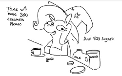 Size: 915x572 | Tagged: safe, artist:tjpones, derpibooru import, trixie, pony, unicorn, black and white, coffee mug, dialogue, female, grayscale, image, mare, monochrome, mug, png, simple background, solo, talking to viewer, white background