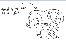 Size: 829x528 | Tagged: safe, artist:tjpones, derpibooru import, trixie, pony, unicorn, arrow, black and white, female, grayscale, homeless, hooves together, image, looking at you, mare, monochrome, png, simple background, smug, solo, text, white background
