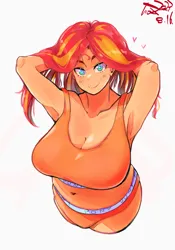 Size: 1400x2000 | Tagged: suggestive, artist:sozglitch, derpibooru import, sunset shimmer, human, armpits, belly button, big breasts, bra, breasts, busty sunset shimmer, cleavage, clothes, female, floating heart, heart, huge breasts, humanized, image, jpeg, looking at you, panties, plump, signature, simple background, smiling, smiling at you, solo, solo female, underwear, white background