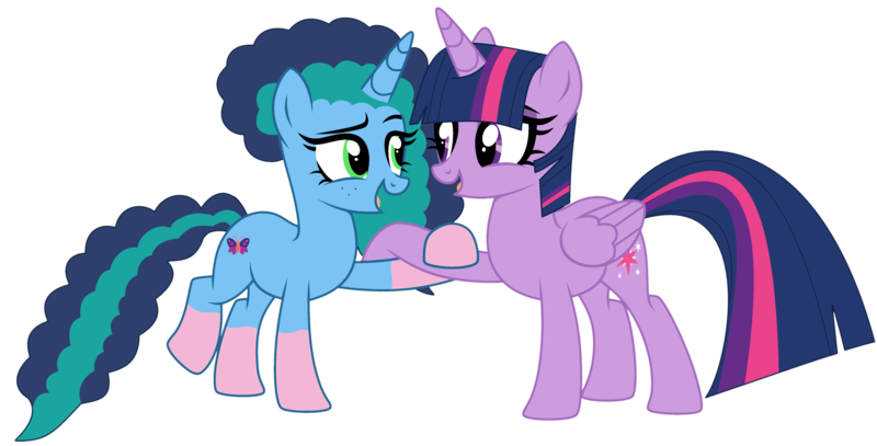 Size: 4790x2435 | Tagged: safe, artist:mint-light, artist:twilyisbestpone, derpibooru import, twilight sparkle, twilight sparkle (alicorn), alicorn, pony, unicorn, g5, base used, coat markings, colored hooves, cute, duo, duo female, eye contact, female, g4, g5 to g4, generation leap, high res, image, looking at each other, looking at someone, mare, misty brightdawn, mistybetes, png, simple background, smiling, socks (coat marking), tail, transparent background, twiabetes, two toned mane, two toned tail