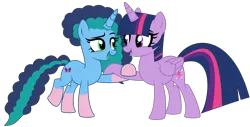 Size: 4790x2435 | Tagged: safe, artist:mint-light, artist:twilyisbestpone, derpibooru import, twilight sparkle, twilight sparkle (alicorn), alicorn, pony, unicorn, g5, base used, coat markings, colored hooves, cute, duo, duo female, eye contact, female, g4, g5 to g4, generation leap, high res, image, looking at each other, looking at someone, mare, misty brightdawn, mistybetes, png, simple background, smiling, socks (coat marking), tail, transparent background, twiabetes, two toned mane, two toned tail