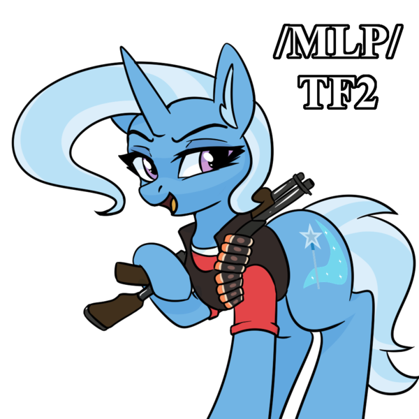 Size: 1024x1024 | Tagged: safe, derpibooru import, trixie, pony, unicorn, /mlp/ tf2 general, female, gun, heavy weapons guy, image, mare, png, shotgun, simple background, smug, solo, team fortress 2, text, transparent background, weapon