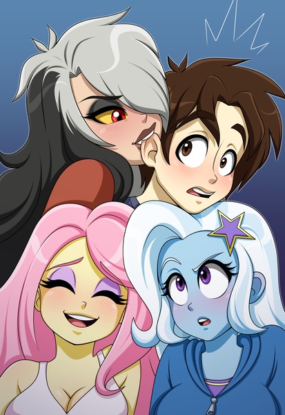 Size: 2582x3750 | Tagged: safe, artist:ameliacostanza, derpibooru import, discord, fluttershy, trixie, human, equestria girls, biting, ear bite, eris, image, jpeg, peter parker, rule 63