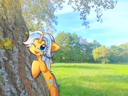 Size: 4000x3000 | Tagged: safe, artist:miwq, derpibooru import, oc, oc:aurore soleilevant, unofficial characters only, pony, unicorn, image, irl, looking at you, one eye closed, orange coat, photo, png, ponies in real life, sky, tongue out, tree