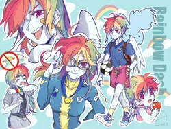 Size: 2160x1620 | Tagged: safe, artist:贼王当道, derpibooru import, rainbow dash, zephyr breeze, human, equestria girls, apple, backpack, bandage, clothes, food, football, heart, humanized, image, jewelry, medallion, necklace, open mouth, png, short hair, short hair rainbow dash, shorts, sports, uniform, winged humanization, wings, wonderbolts uniform, younger