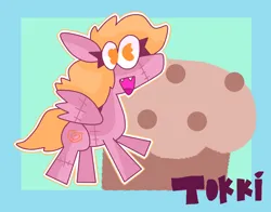 Size: 1630x1281 | Tagged: safe, derpibooru import, derpy hooves, pegasus, pony, brown fur, derp, eyelashes, fangs, food, image, jpeg, muffin, open mouth, seam, simple background, solo, spiral, tokkichan, upa style, wings, yellow hair