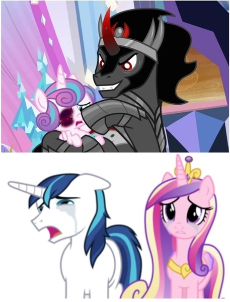 Size: 1496x1964 | Tagged: semi-grimdark, edit, edited screencap, ponerpics import, ponybooru import, screencap, king sombra, princess cadance, princess flurry heart, shining armor, alicorn, pony, unicorn, the beginning of the end, abuse, abuse edit, baby, baby pony, black eye, crying, female, flurrybuse, foal abuse, image, jpeg, male, stallion