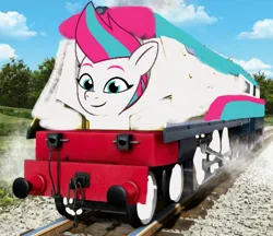 Size: 668x577 | Tagged: safe, artist:allahda, derpibooru import, edit, zipp storm, pegasus, g5, my little pony: tell your tale, 1000 years in photoshop, bad edit, image, png, rebecca, thomas and friends, train, wat, wtf