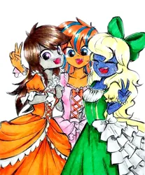 Size: 1671x2022 | Tagged: safe, artist:liaaqila, derpibooru import, oc, oc:azure/sapphire, oc:cold front, oc:disty, equestria girls, bow, clothes, crossdressing, dress, happy, image, jpeg, looking at you, smiling, trio