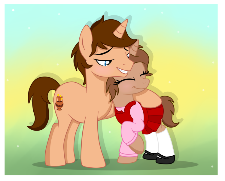 Size: 5500x4406 | Tagged: safe, artist:chip16, derpibooru import, oc, oc:heroic armour, unofficial characters only, pony, unicorn, base used, clothes, colt, commission, crossdressing, dress, eyes closed, fake eyelashes, father and child, father and son, foal, happy, hug, image, male, mary janes, png, raised hoof, shoes, smiling, snuggling, socks, stallion, sweater, teenager, thigh highs, ych result