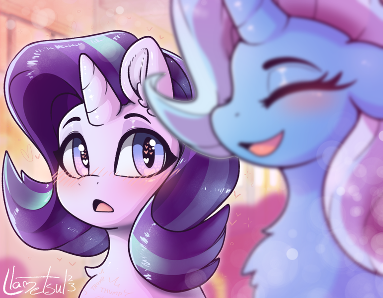 Size: 1087x846 | Tagged: safe, artist:llametsul, derpibooru import, starlight glimmer, trixie, pony, unicorn, atg 2023, blurry foreground, blushing, colored, cute, female, heart, heart eyes, heartbeat, image, lesbian, looking at someone, newbie artist training grounds, open mouth, png, shipping, signature, smiling, startrix, wingding eyes