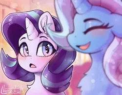 Size: 1087x846 | Tagged: safe, artist:llametsul, derpibooru import, starlight glimmer, trixie, pony, unicorn, atg 2023, blurry foreground, blushing, colored, cute, female, heart, heart eyes, heartbeat, image, lesbian, looking at someone, newbie artist training grounds, open mouth, png, shipping, signature, smiling, startrix, wingding eyes
