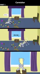 Size: 1920x3516 | Tagged: safe, artist:platinumdrop, derpibooru import, derpy hooves, pegasus, pony, comic:caretaker, 3 panel comic, ball, bedroom, blanket, blocks, blowing bubbles, box, bubble, bubble wand, caretaker, chair, comic, commission, cute, derpabetes, excited, female, filly, filly derpy, foal, giggling, happy, image, messy room, mouth hold, offscreen character, onomatopoeia, playing, plushie, png, smiling, sound effects, speech, speech bubble, spread wings, talking, toy, window, wings, younger