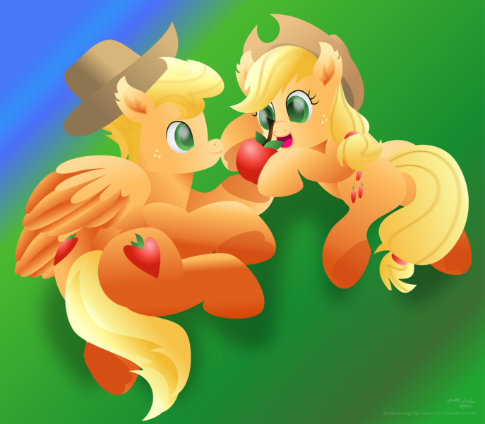 Size: 12951x11314 | Tagged: safe, artist:lincolnbrewsterfan, derpibooru import, applejack, oc, oc:empire jack, pegasus, pony, absurd resolution, apple, applebutt, applejack's hat, blonde hair, blonde mane, blonde tail, both cutie marks, butt, cowboy hat, curious, cute, cute face, dangerously high res, derpibooru exclusive, ear fluff, flying, food, freckles, gift art, gradient background, grass, grass field, green eyes, hair tie, happy, hat, heart, holding, hoof heart, hoof hold, hooves together, image, jackabetes, lineless, male, male and female, nc-tv signature, not applejack, ocbetes, open mouth, partially open wings, pegasus oc, plot, png, pond, ponytail, raised hoof, rear view, shadow, side view, signature, simple background, spread hooves, stallion, tail, underhoof, upside-down hoof heart, water, website, wing fluff, wings, yellow mane, yellow tail