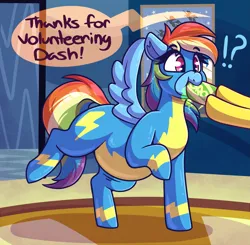 Size: 3409x3341 | Tagged: safe, artist:graphenescloset, derpibooru import, rainbow dash, spitfire, series:blubberbolt dash, belly, big belly, chubby, clothes, dialogue, drink, drinking, feederism, image, incentive drive, png, this will end in weight gain, uniform, weight gain, weight gain sequence, wonderbolts uniform
