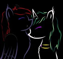 Size: 645x610 | Tagged: safe, artist:electric motor, derpibooru import, oc, oc:sally, oc:кама, unofficial characters only, bat pony, hybrid, pegasus, unicorn, bicolor wings, black background, decoration, gradient mane, image, jewelry, necklace, png, shipping, simple background, tricolor mane, wings