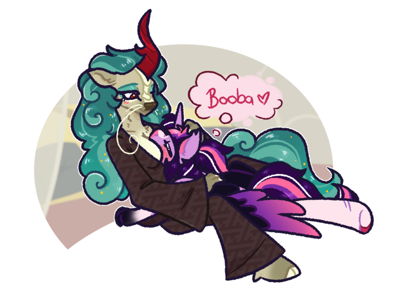 Size: 1132x858 | Tagged: safe, artist:queerhorses, derpibooru import, rain shine, twilight sparkle, anthro, kirin, boob smothering, clothes, female, image, kimono (clothing), lesbian, png, rainlight, shipping, smothering, thought bubble