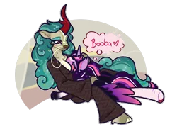 Size: 1132x858 | Tagged: safe, artist:queerhorses, derpibooru import, rain shine, twilight sparkle, anthro, kirin, boob smothering, clothes, female, image, kimono (clothing), lesbian, png, rainlight, shipping, smothering, thought bubble