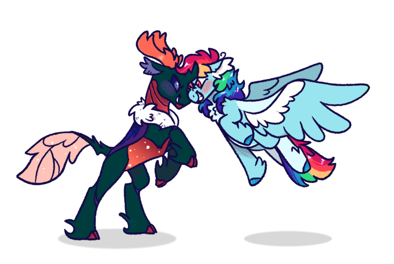 Size: 1453x971 | Tagged: safe, artist:queerhorses, derpibooru import, pharynx, rainbow dash, changedling, changeling, pegasus, pony, chest fluff, female, flying, image, looking at each other, looking at someone, male, mare, phardash, png, prince pharynx, shipping, simple background, smiling, standing on two hooves, straight, transparent background
