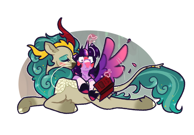 Size: 1188x822 | Tagged: safe, artist:queerhorses, derpibooru import, rain shine, twilight sparkle, twilight sparkle (alicorn), alicorn, kirin, pony, blushing, book, female, image, kissing, lesbian, lying down, png, prone, rainlight, shipping, spread wings, wingboner, wings