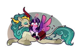 Size: 1188x822 | Tagged: safe, artist:queerhorses, derpibooru import, rain shine, twilight sparkle, twilight sparkle (alicorn), alicorn, kirin, pony, blushing, book, female, image, kissing, lesbian, lying down, png, prone, rainlight, shipping, spread wings, wingboner, wings