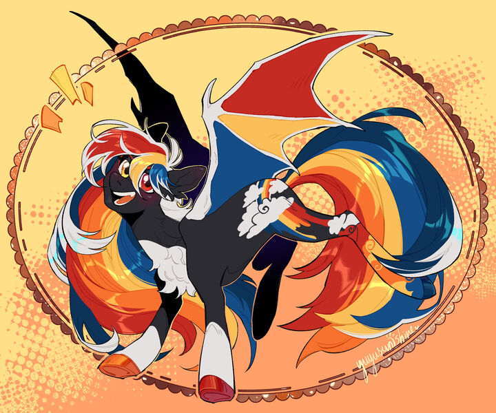 Size: 1920x1600 | Tagged: safe, artist:yuyusunshine, derpibooru import, oc, oc:primary shift, bat pony, pony, bat wings, chest fluff, coat markings, colored hooves, colored wings, ear fluff, eyeshadow, fangs, female, heterochromia, image, jpeg, looking at you, makeup, mare, mismatched hooves, multicolored wings, open mouth, pale belly, simple background, smiling, socks (coat marking), solo, spread wings, wings, yellow background