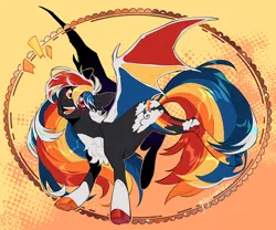 Size: 1920x1600 | Tagged: safe, artist:yuyusunshine, derpibooru import, oc, oc:primary shift, bat pony, pony, bat wings, chest fluff, coat markings, colored hooves, colored wings, ear fluff, eyeshadow, fangs, female, heterochromia, image, jpeg, looking at you, makeup, mare, mismatched hooves, multicolored wings, open mouth, pale belly, simple background, smiling, socks (coat marking), solo, spread wings, wings, yellow background