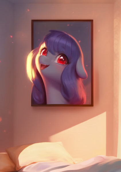 Size: 512x728 | Tagged: safe, derpibooru import, machine learning generated, stable diffusion, oc, oc:cosmia nebula, unofficial characters only, pony, ai content, breaking the fourth wall, cute, female, generator:pony diffusion v5, image, ocbetes, painting, picture frame, png, smiling, solo