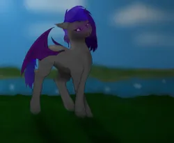 Size: 1112x916 | Tagged: safe, artist:electric motor, derpibooru import, oc, oc:шилка, unofficial characters only, bat pony, bicolor wings, crossed hooves, glow, glowing eyes, grass, image, jpeg, nature, purple eyes, purple wings, river, solo, water, wings
