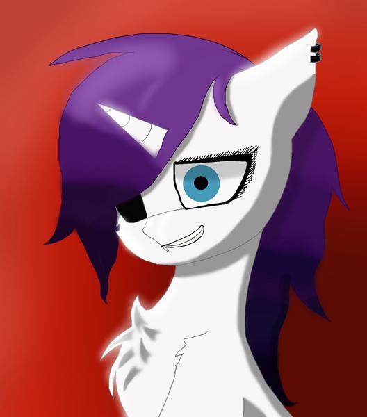 Size: 1604x1824 | Tagged: safe, artist:electric motor, derpibooru import, oc, oc:ева, unofficial characters only, bat pony, hybrid, pony, unicorn, black eye, chest fluff, decoration, ear piercing, earring, fangs, foal, gradient mane, image, jewelry, jpeg, not rarity, pain in the eyes, piercing, purple hair, smiling, solo