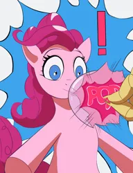 Size: 2300x3000 | Tagged: safe, artist:fly over, derpibooru import, discord, pinkie pie, draconequus, earth pony, pony, exclamation point, female, food, gum, hand, image, male, mare, offscreen character, png, popping, shocked, upper body