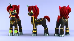 Size: 1920x1080 | Tagged: safe, artist:argos90, derpibooru import, oc, unofficial characters only, pony, 3d, 3d model, black outfit, butt, crystal horn, golden, horn, image, male, mask, plot, png, stallion