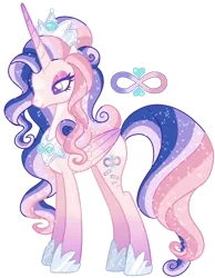 Size: 1280x1649 | Tagged: safe, artist:shebasoda, derpibooru import, oc, oc:princess destiny, unofficial characters only, alicorn, pony, alicorn oc, body markings, coat markings, colored eyelashes, colored muzzle, colored pupils, colored wings, concave belly, countershading, crown, facial markings, female, folded wings, gradient horn, gradient legs, gradient wings, hoof shoes, horn, image, infinity symbol, jewelry, lidded eyes, long legs, mare, pale belly, peytral, png, princess shoes, purple eyes, regalia, side view, simple background, slim, smiling, solo, sparkly mane, sparkly tail, standing, star (coat marking), tail, tall, thin, transparent background, wings