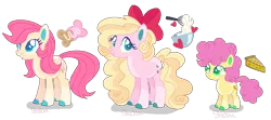 Size: 889x396 | Tagged: safe, artist:shebasoda, derpibooru import, li'l cheese, oc, oc:buttercream pie, oc:honey bunny pie, earth pony, pegasus, the last problem, body markings, bow, closed mouth, coat markings, colored eartips, colored eyelashes, colored hooves, colored pupils, earth pony oc, folded wings, green eyes, grin, hair bow, image, looking at you, magical lesbian spawn, offspring, pale belly, parent:fluttershy, parent:pinkie pie, parents:flutterpie, pegasus oc, png, siblings, simple background, smiling, socks (coat marking), standing, teal eyes, transparent background, trio, wings
