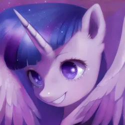 Size: 3072x3072 | Tagged: safe, derpibooru import, machine learning assisted, machine learning generated, stable diffusion, twilight sparkle, twilight sparkle (alicorn), alicorn, pony, ai content, bust, female, generator:purplesmart.ai, high res, horn, image, mare, png, portrait, prompter:shad0w-galaxy, smiling, solo, starry eyes, wingding eyes, wings